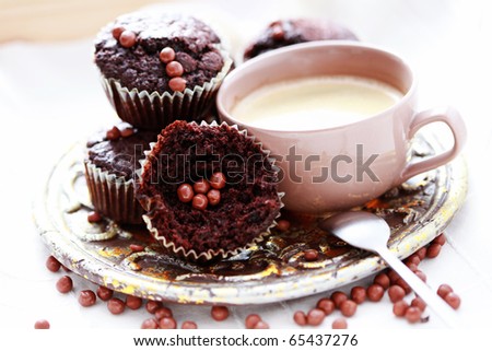 Cafeneaua vesela  2 - Pagina 19 Stock-photo-plate-full-of-chocolate-delicious-muffin-and-cup-of-coffee-sweet-food-65437276