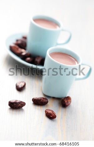 cup of hot cocoa with cocoa beans - food and drink