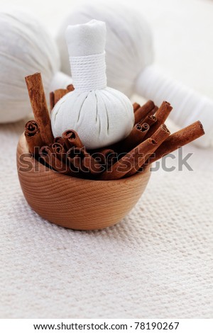 cinnamon massage stamps and cinnamon sticks - beauty treatment /shallow dof/