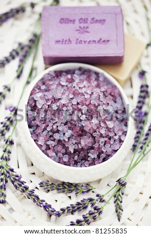 bar of lavender soap with bath salt - beauty treatment /shallow DOF/