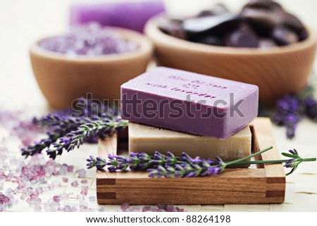 glycerine soap and bowl of lavender bath salt - beauty treatment /shallow DOF/
