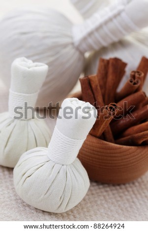 cinnamon massage stamps and cinnamon sticks - beauty treatment /shallow dof/
