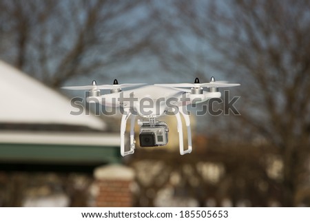 SHELTON, CT , U.S. - DECEMBER19: Editorial photo of a DJI Phantom drone in flight with a mounted GoPro Hero3+ Black Edition digital camera on December 19, 2013 in Shelton, Ct.