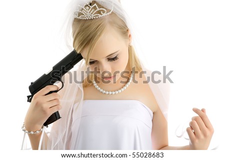 stock photo Young girl with a wedding dress and pistol in the hands