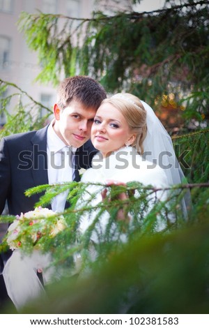 beautiful groom and the bride in the city near a Christmas tree