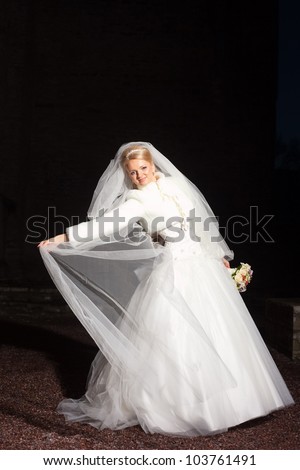 beautiful  bride wearing white wedding dress and long chifon veil outdoors at night