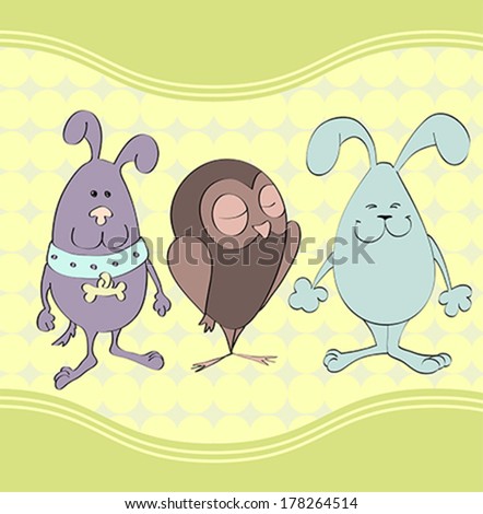 Cheerful cartoon animals. Dog, rabbit and owl. Illustration, vector