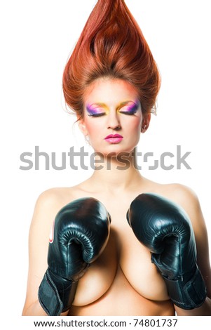 stock photo Beautiful nude girl with multicolored make up closing eyes 