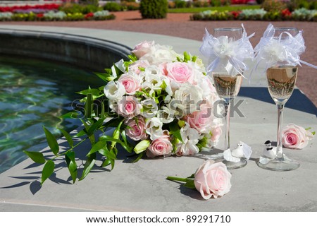 stock photo Composition with wedding bouquet of the bride and decorated 