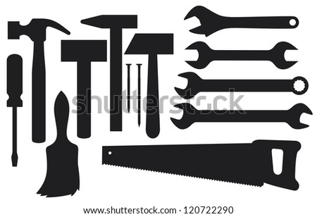 black silhouettes of hand tools (collection of home tools silhouettes, tools or home improvement, hammer, nail, wrench, screwdriver, handsaw, hand wrench tool or spanner, paint brush)