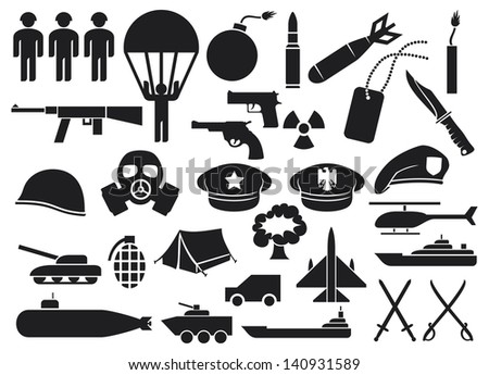 military icons (knife, handgun, bomb, bullet, gas mask, swords, helmet, captain hat, explosion, dynamite, tent, machine gun, military beret, aircraft carrier, battleship)