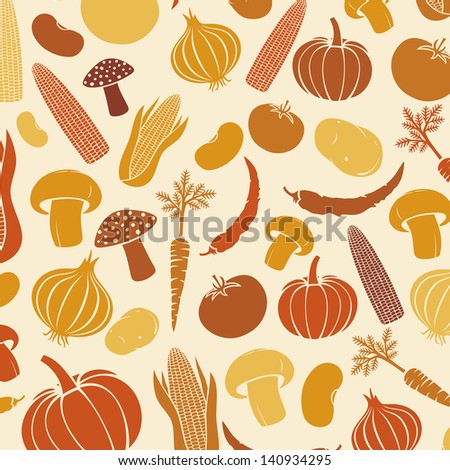 background with vegetables (vegetables background, corncob, onion, tomato, mushroom, potato, chili pepper, beans, pumpkin, carrot)