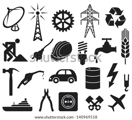 industry icons collection (power plug, oil barrel, hammer, construction workers hard hat, power line, fuel pump, water tap, radio antenna, lightning symbol, energy saving light bulb)