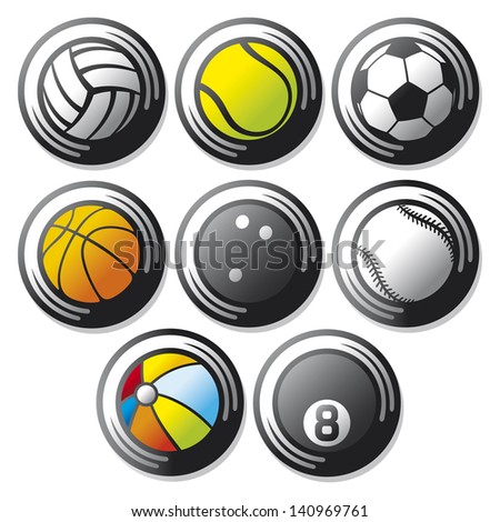 sport ball icons (beach ball, tennis ball, american football ball, football ball - soccer ball, volleyball ball, basketball ball, baseball ball, bowling ball, sport balls buttons)