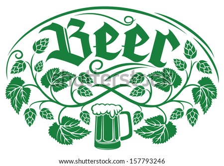beer label design (hops leaf design, hops plant, hop symbol, hop leaves, hop branch, beer symbol, beer mug)