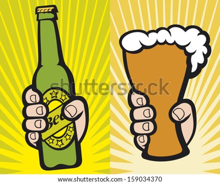 Hand Holding A Glass Of Beer And Hand Holding A Green Beer Bottle