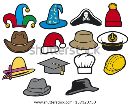 collection of hats jester hat bucket hat lady's hat cowboy hat fedora hat santa claus hat construction workers hard hat military officer's cap wizard hat graduation cap chef hat collection of hats jester hat bucket hat lady's hat cowboy hat fedora hat santa claus hat construction workers hard hat military officer's cap wizard hat graduation cap chef hat