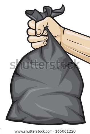 hand holding black plastic trash bag (hand holding garbage bag)