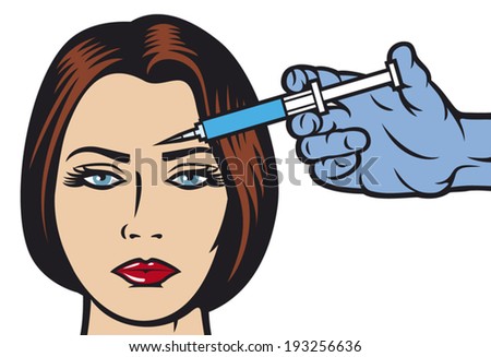 woman receiving a botox injection in forehead (woman getting a beauty treatment injection, cosmetic treatment with botox injection)