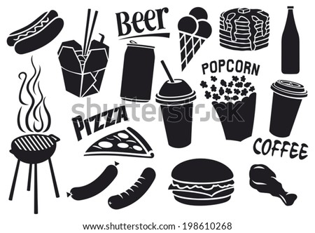 fast food icons set hamburger pizza hot dog juice Chinese fast food fried chicken legs barbecue grill sausages ice cream pancake milk shake popcorn paper cup of coffee fast food icons set hamburger pizza hot dog juice Chinese fast food fried chicken legs barbecue grill sausages ice cream pancake milk shake popcorn paper cup of coffee