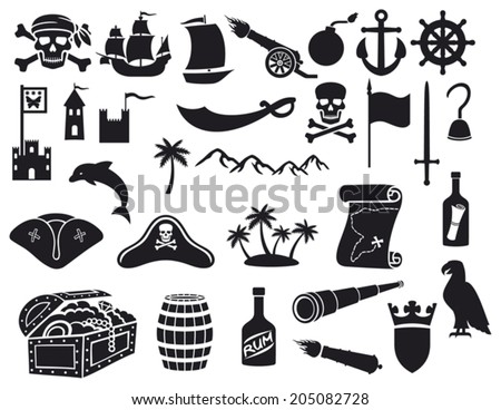 pirates icons set (pirate sabre, pirate skull with bandanna and bones, pirate hook, pirate triangle hat, old ship, spyglass, treasure chest, cannon, anchor, rudder, mountain, map, barrel, rum, island)