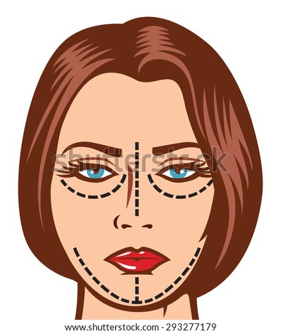 beautiful woman ready for cosmetic surgery (beautiful young woman with perforation lines on her face before plastic surgery operation)