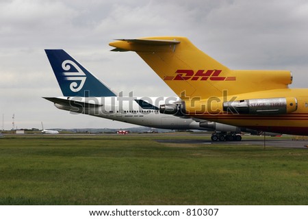 Air New Zealand 747 and DHL 727 Freighter on the maintenance stand at Auckland International Airport