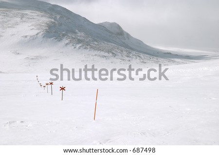 Cross country ski hiking trail with red crosses, Lapland north Sweden