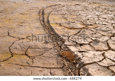 Bike tire print on dry mud cracks texture, Valtrebbia, Italy