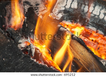 Texture of burning open fireplace with fire, flame, wood and embers