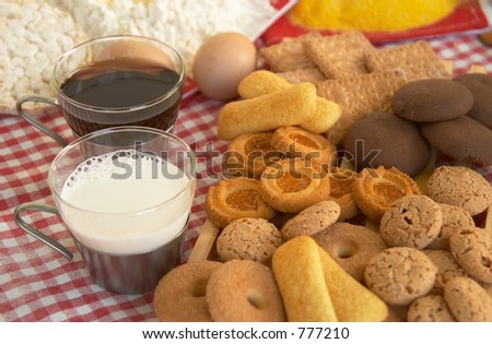 Tea, biscuits, milk, egg, Italian style breakfast