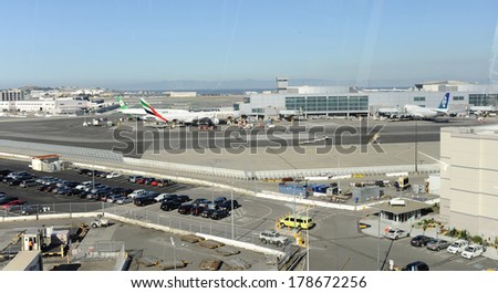SAN FRANCISCO, USA - OCT 07: San Francisco Airport through train window  on October 07, 2011 in San Francisco, USA. It is an international airport located 13 miles south of downtown San Francisco.