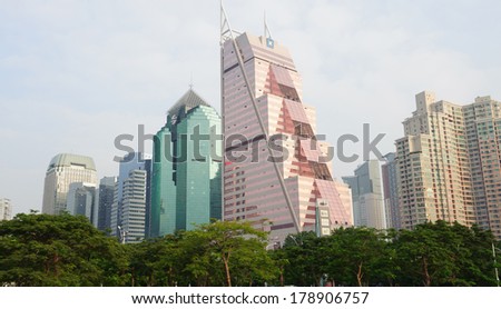 SHENZHEN - OCT 28: downtown skyscrapers on October 28, 2011 in Shenzhen, China. Shenzhen is a major city in the south of Southern China\'s Guangdong Province, situated immediately north of Hong Kong