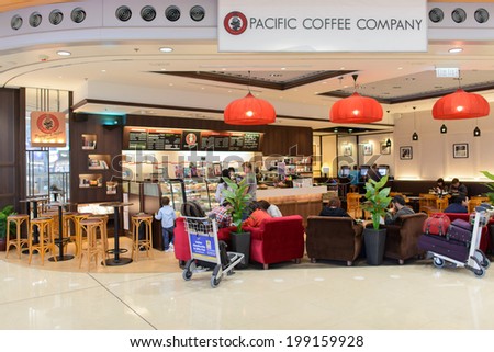 HONG KONG - APRIL 01: Pacific Coffee cafe in airport on April 01, 2014 in Hong Kong, China. Pacific Coffee Company is a Pacific Northwest U.S.-style coffee shop group originating from Hong Kong.
