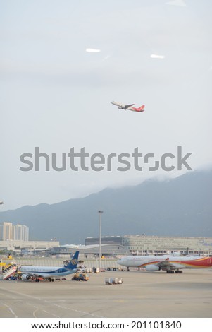 HONG KONG - APRIL 17: Shenzhen Airlines jet flight take-off on April 17, 2014 in Hong Kong. Hong Kong International Airport is the one of the best airport in the annual passenger survey by Skytrax.
