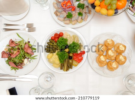 close up shot of table with food in restaurant