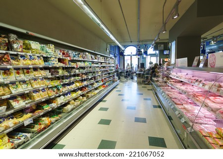 VENICE - SEPTEMBER 14: supermarket interior on September 14, 2014 in Venice, Italy. If you need water, fruits, yoghurt, then supermarkets are a good way of saving some money in Venice