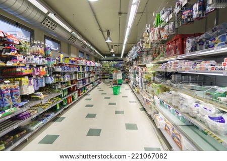 VENICE - SEPTEMBER 14: supermarket interior on September 14, 2014 in Venice, Italy. If you need water, fruits, yoghurt, then supermarkets are a good way of saving some money in Venice