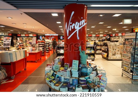 DUSSELDORF - SEPTEMBER 16: bookstore interior on September 16, 2014 in Dusseldorf, Germany. International airport of Dusseldorf located approximately 7 kilometres north of downtown Dusseldorf