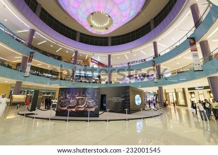 DUBAI - OCTOBER 13: The Dubai Mall linterior on October 13, 2014 in Dubai, UAE. The Dubai Mall located in Dubai, it is part of the 20-billion-dollar Downtown Dubai complex, and includes 1,200 shops.