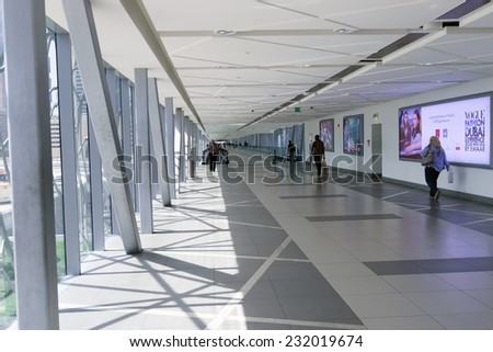 DUBAI - OCTOBER 15: long corridor in Dubai downtown area on October 15, 2014 in Dubai, UAE. Dubai is the most populous city and emirate in the United Arab Emirates