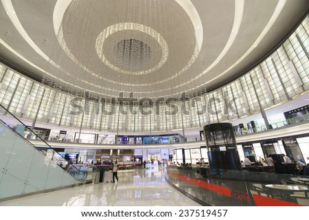 DUBAI - OCTOBER 15: The Dubai Mall interior on October 15, 2014 in Dubai, UAE. The Dubai Mall located in Dubai, it is part of the 20-billion-dollar Downtown Dubai complex, and includes 1,200 shops.