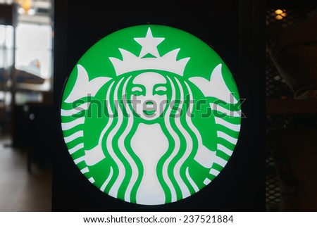 DUBAI - OCTOBER 15: Starbucks Cafe logo on October 15, 2014 in Dubai, UAE. Starbucks is the largest coffeehouse company in the world, with more then 23000 stores