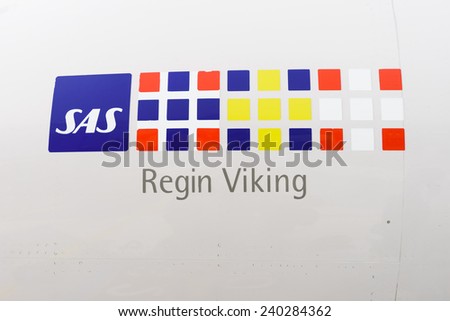 COPENHAGEN  - SEP 20: close up SAS logo on jet flight on September 20, 2014 in Copenhagen, Denmark. SAS, is the flag carrier of Sweden, Norway and Denmark, and the largest airline in Scandinavia.