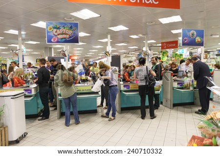 GENEVA - SEP 15: checkout counter in supermarket on September 15, 2014 in Geneva, Switzerland. Geneva is the second most populous city in Switzerland and is the most populous city of Romandy