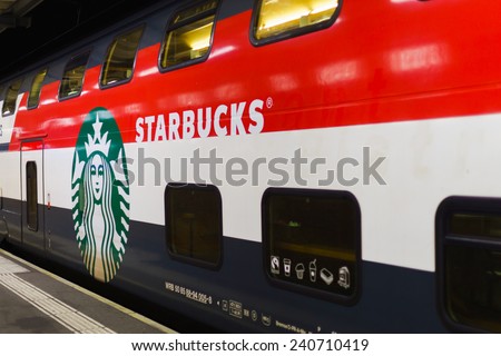 GENEVA - SEP 15: Starbucks cafe train coach on September 15, 2014 in Geneva, Switzerland. Starbucks is the largest coffeehouse company in the world, with more then 23000 stores