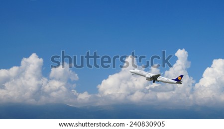 GENEVA - SEP 16: Lufthansa jet aircraft take-off on September 16, 2014 in Geneva, Switzerland. Lufthansa is the flag carrier of Germany and also the largest airline in Europe