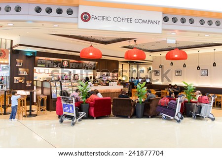 HONG KONG - APRIL 01: Pacific Coffee cafe in airport on April 01, 2014 in Hong Kong, China. Pacific Coffee Company is a Pacific Northwest U.S.-style coffee shop group originating from Hong Kong.