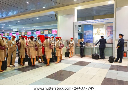 MOSCOW - OCT 12: Emirates Airbus A380 crew members in Domodedovo airport on October 12, 2014 in Moscow. Domodedovo International Airport is one of the three major airports that serve Moscow