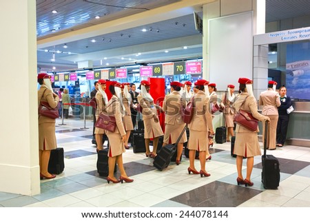 MOSCOW - OCT 12: Emirates Airbus A380 crew members in Domodedovo airport on October 12, 2014 in Moscow. Domodedovo International Airport is one of the three major airports that serve Moscow